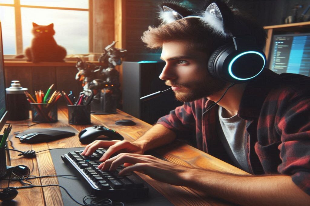 A gamer wearing cat ear headphones engrossed in a video game.