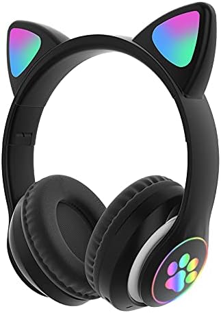 Black cat ear headphones with LED lights and paw print design on the ear cups.