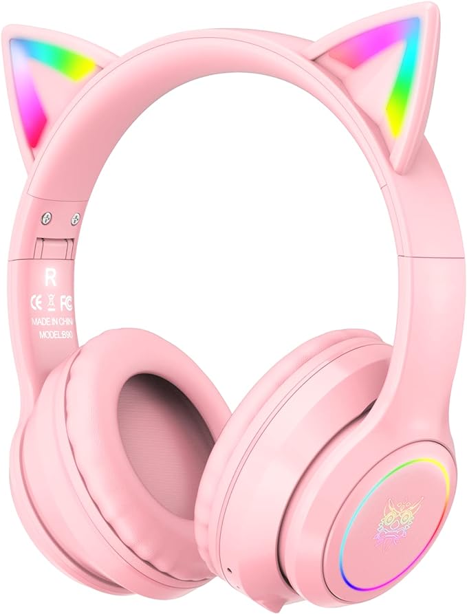 Pink cat ear headphones with LED lights and soft cushioned ear cups.