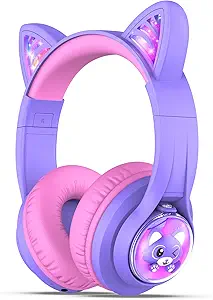 The kids cat ear headphones in purple and pink color with comfortable design.