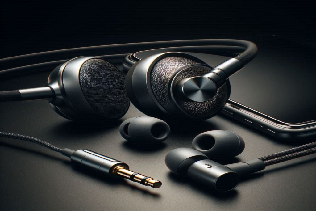 High-end headphones and earbuds with braided cable on a dark background.