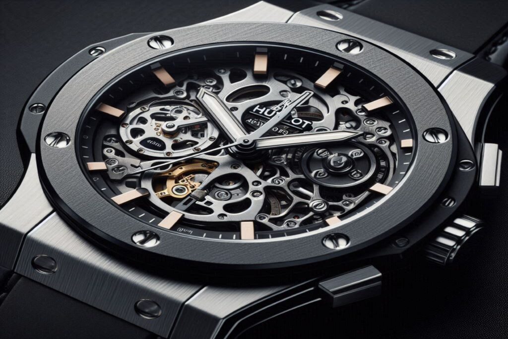 A Hublot automatic watch with a black dial, rose gold accents, and a black rubber strap.