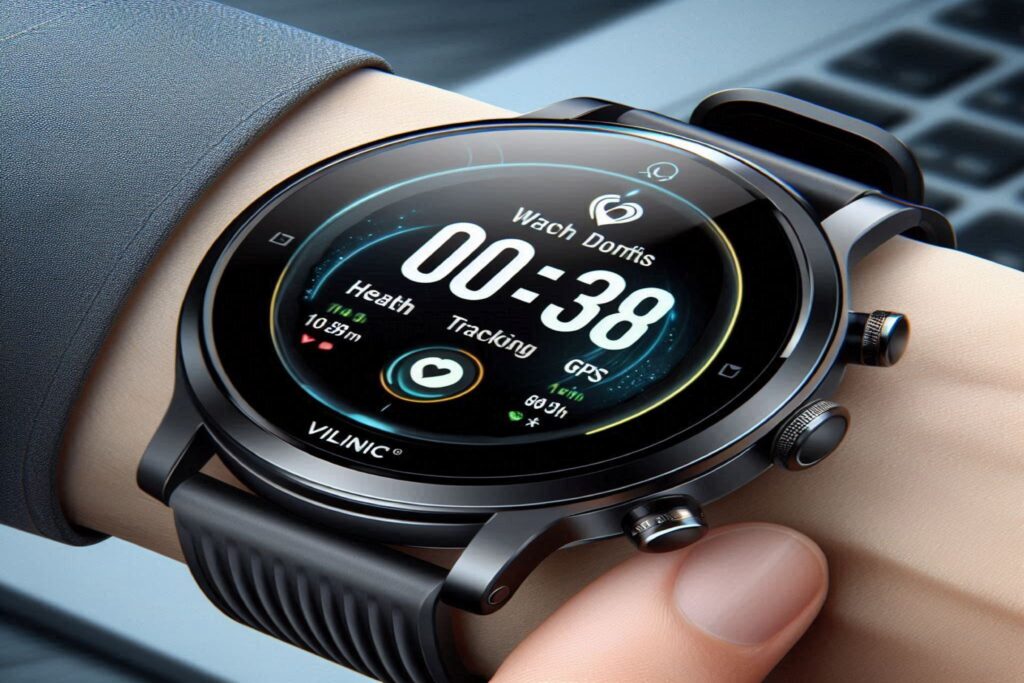 Close-up view of a Vilinice GPS Smart Watch on a wrist, featuring a sleek black design with a 1.32-inch touch screen. The display shows health tracking metrics and GPS functionality, emphasizing the watch’s advanced features. The watch is worn with a black silicone strap, suitable for fitness and everyday use.