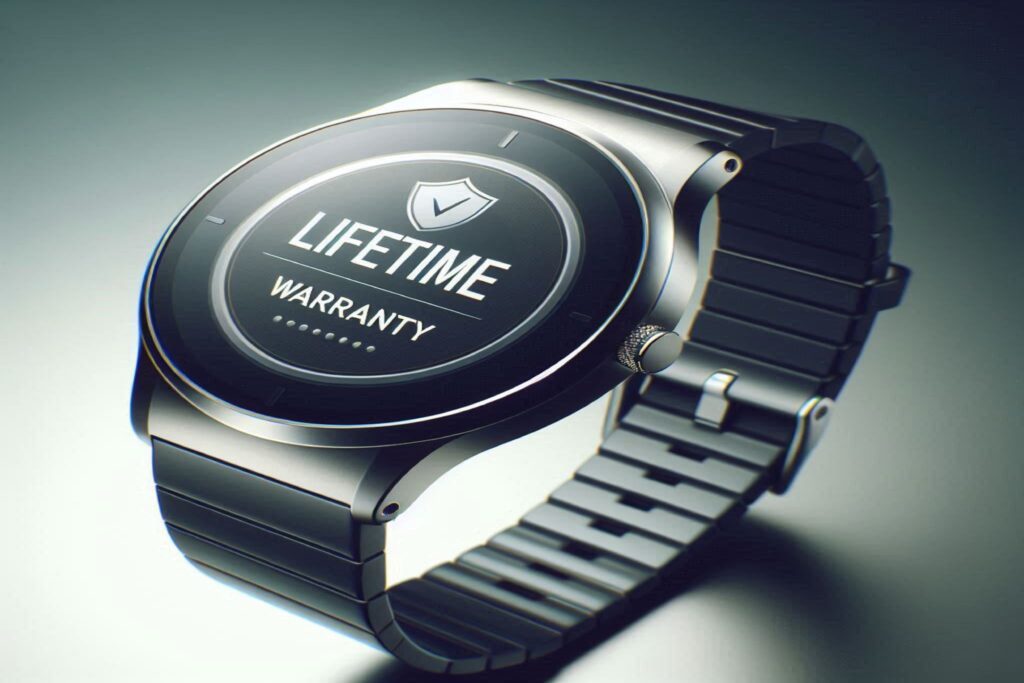 A sleek smartwatch with a silver metal band, displaying smart watch with lifetime warranty on its face.