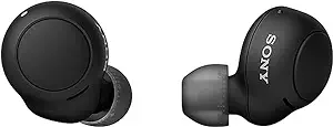 A pair of Sony wireless in-ear headphones on a white background.