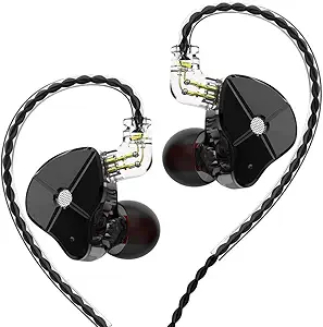 A pair of KZ IEM headphones with transparent black housing revealing internal components, attached to braided cables forming a heart-shaped loop.