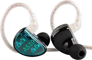 Two iem headphones are shown. One is teal with "AS10" printed on it, and the other is black. Both have ear tips attached and transparent cables.