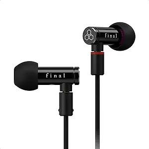 Final Audio brand IEM headphones featuring a minimalist black design with cylindrical housings and a single red accent on the cable connection