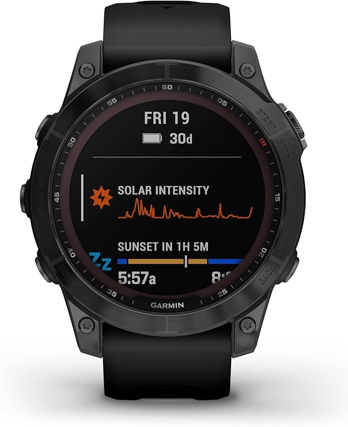 A rugged Garmin Fenix smartwatch with a robust black design, featuring detailed solar intensity tracking on the display. This is an excellent choice for adventurers who want a smart watch with lifetime warranty for long-lasting durability.