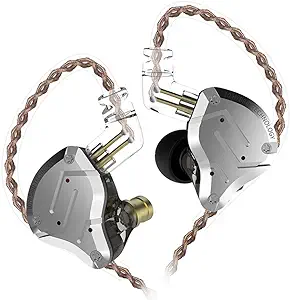 Pair of high-end in-ear monitors with braided cables on white background.