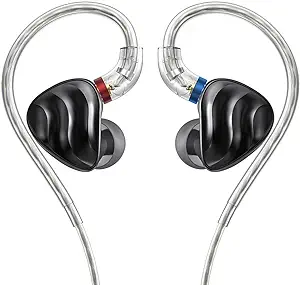 A pair of over-ear hook style black in-ear monitors (IEMs) with clear cables against a white background.