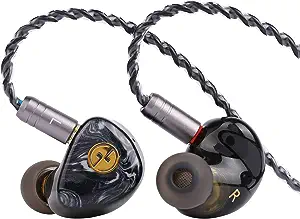 Pair of in-ear monitors with braided cables and distinctive designs on the earpieces.