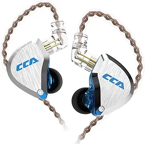 A pair of CCA branded iem headphones with braided cables and a silver and blue design.