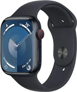 A sleek, black Apple Watch with a rounded rectangular display and a black sport band. Perfect for those seeking a smart watch with lifetime warranty that offers advanced health tracking and seamless connectivity.