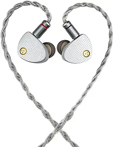 In-ear headphones with twisted cable forming a heart shape on a white background.