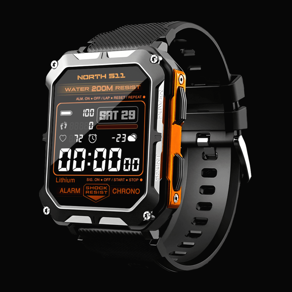 sleek indestructible smartwatch featuring a stylish black and orange band, perfect for fitness tracking and daily wear.