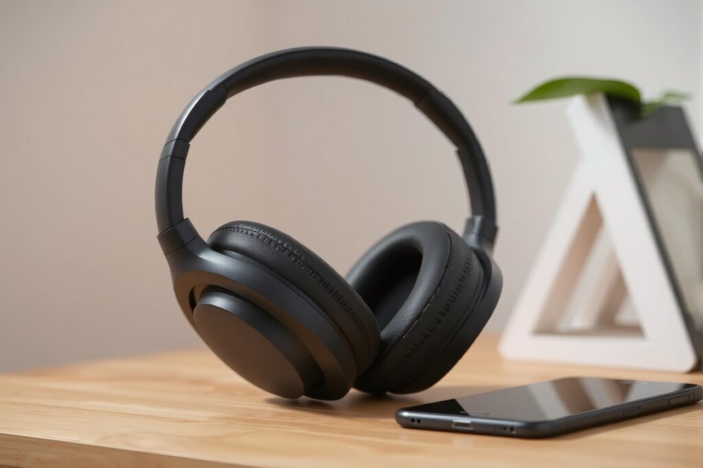 Kep headphones alongside a smartphone placed on a wooden table, highlighting a stylish and functional audio arrangement.