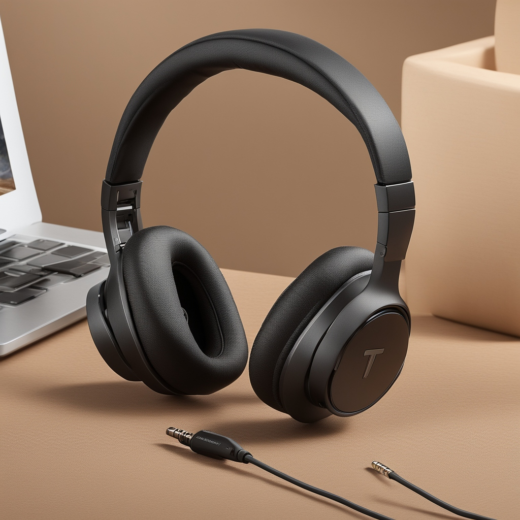 TOZO HT2 Hybrid, among the best wired noise-cancelling headphones, shown next to a laptop, highlighting its professional look and comfort.