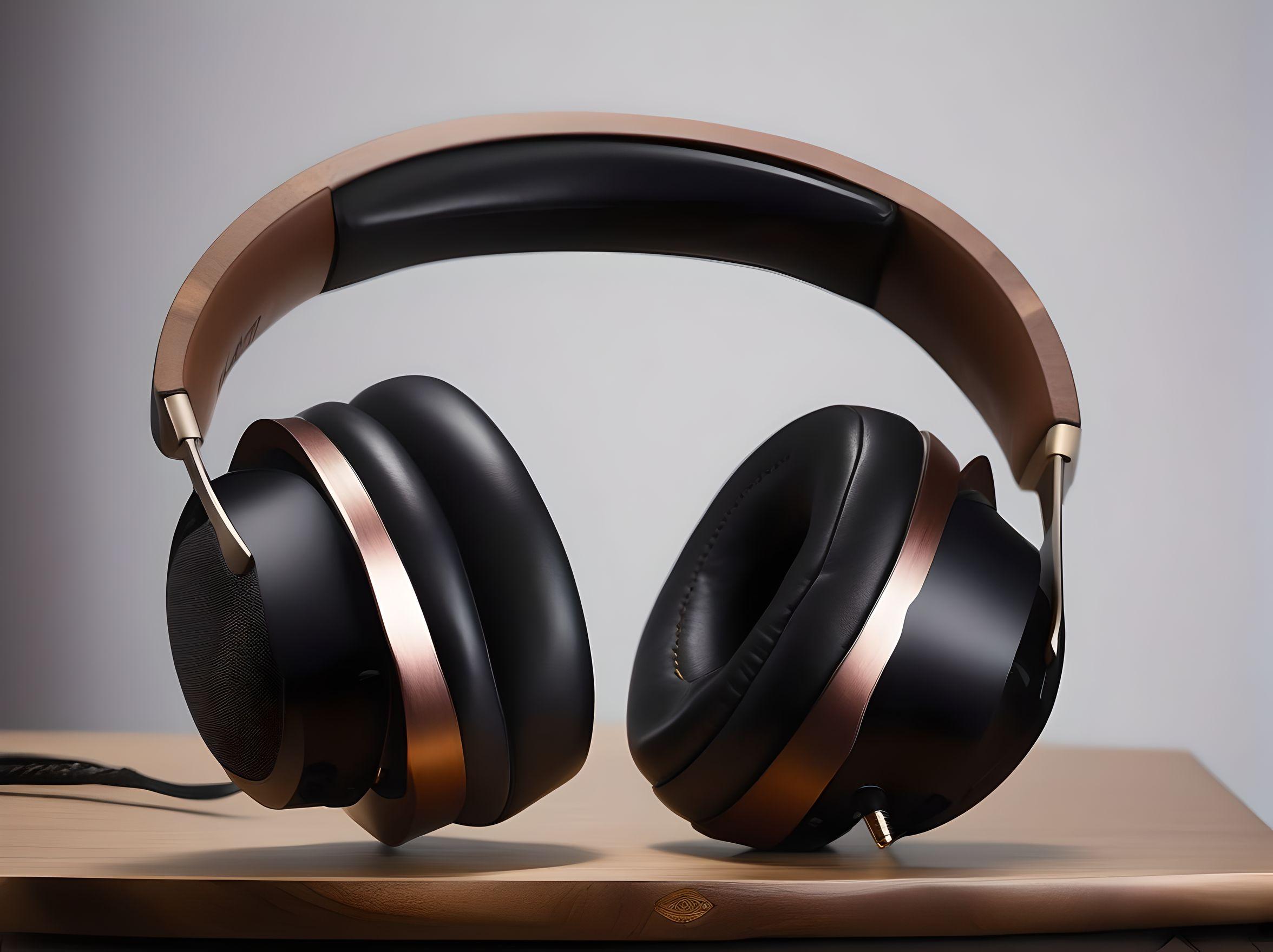 Stylish headphones with gold trim placed on a table, highlighting their modern aesthetic and luxurious appeal.