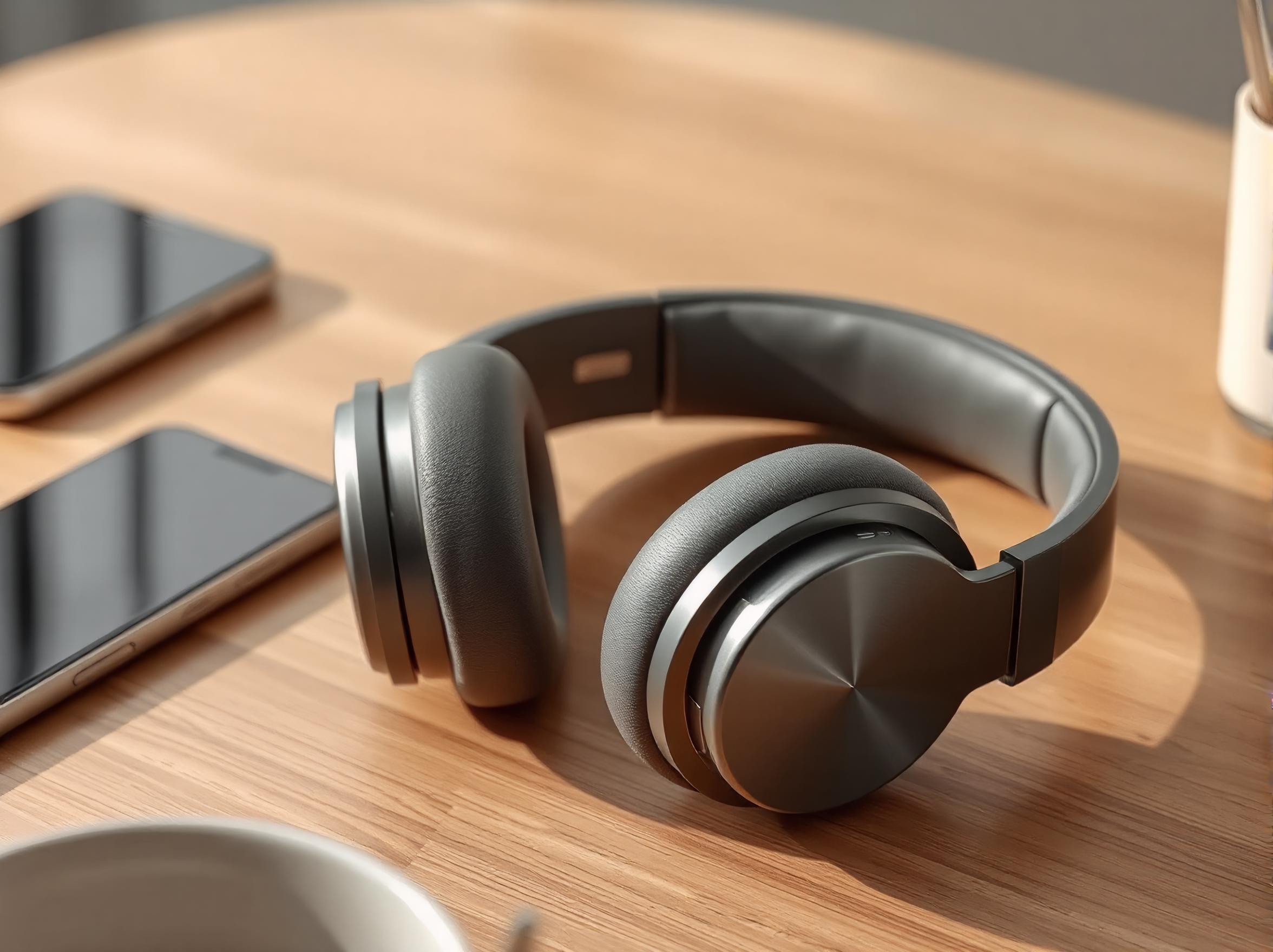 Headphones positioned on a desk next to a smartphone and a coffee cup, symbolizing a productive and relaxed environment.