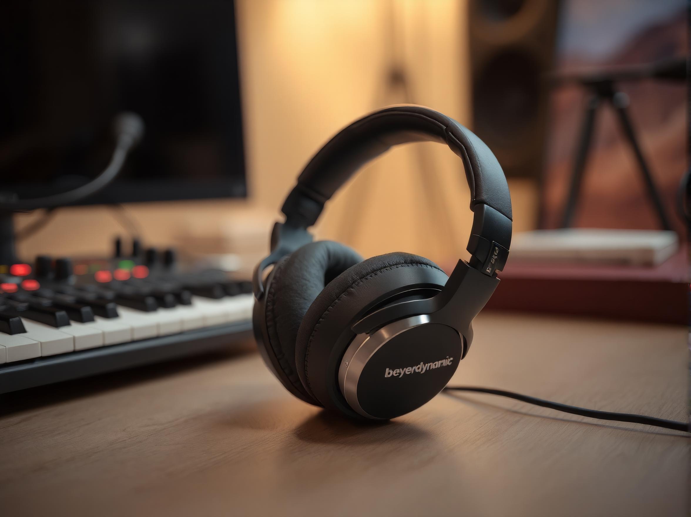 Beyerdynamic kep headphones resting on a desk next to a piano keyboard and a computer screen in a studio setting.