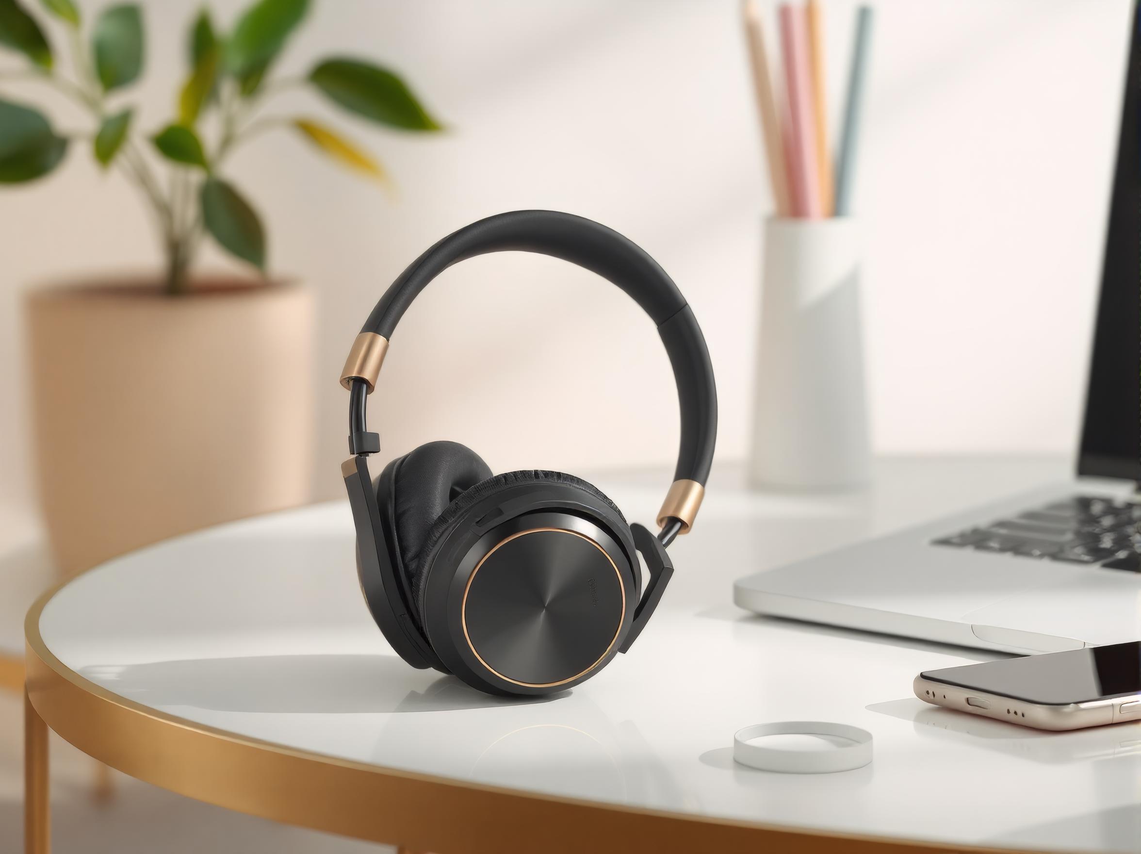 Stylish black and gold kep headphones placed on a white table next to a laptop.