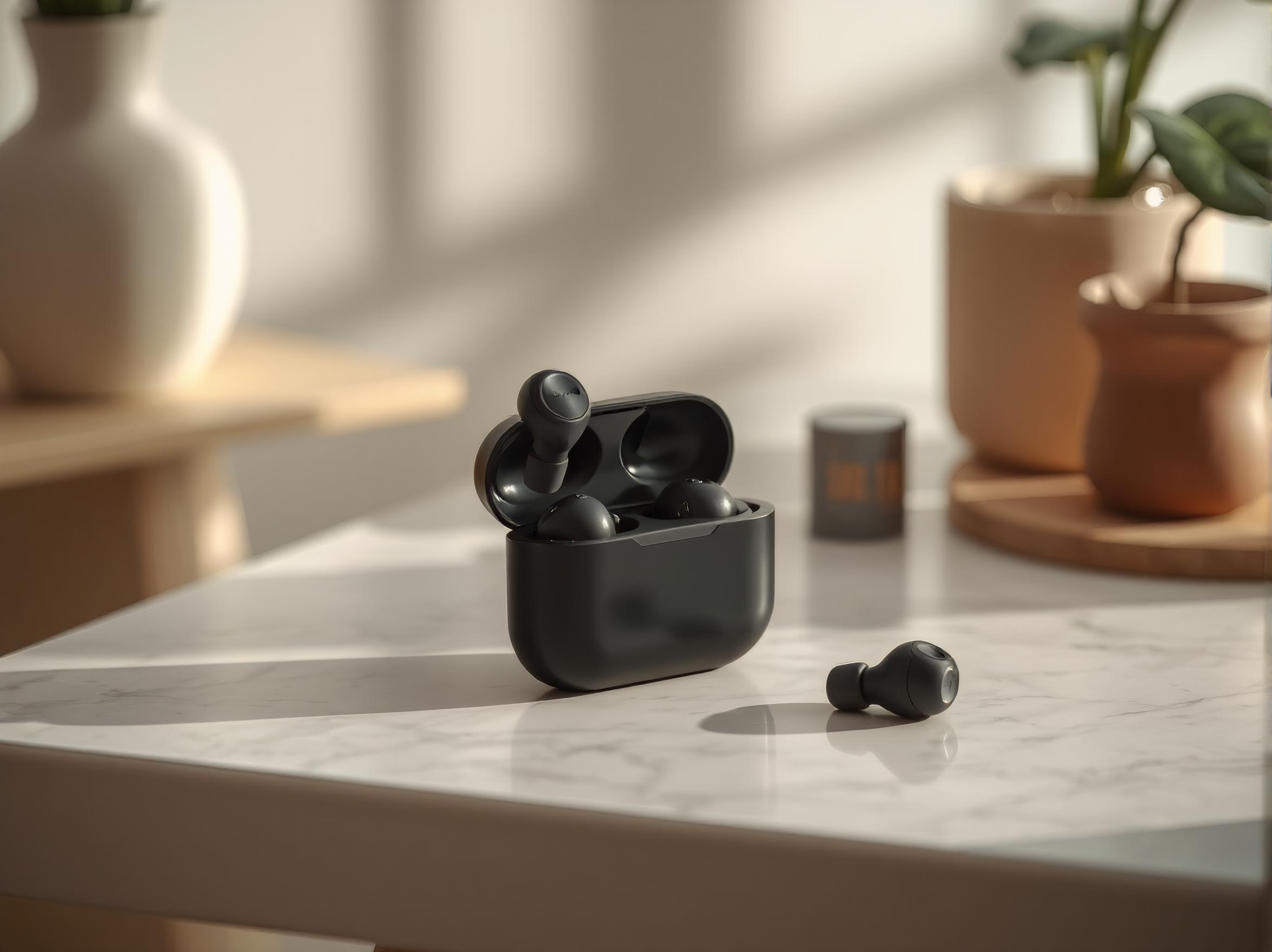 Black kep headphones wireless earbuds placed on a table with one earbud outside the case.