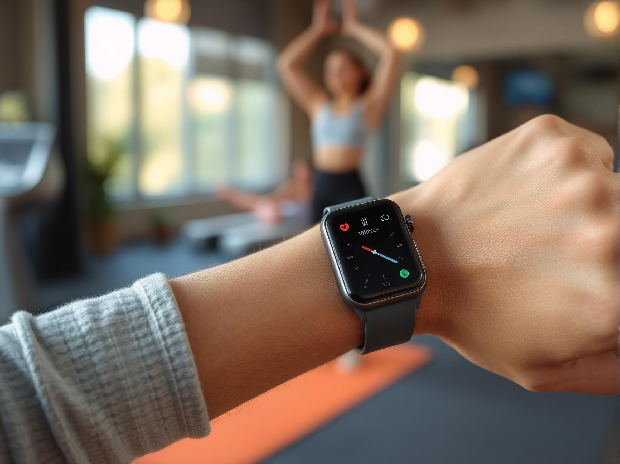 A person in a gym holds a Vilinice GPS smart watch, showcasing its features and functionality during a workout session.