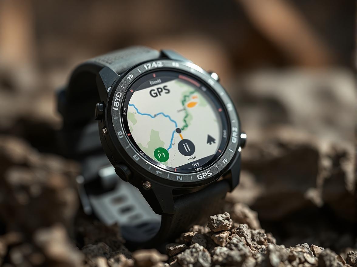 A Vilinice GPS smart watch resting on a rock, showcasing its sleek design and advanced technology in a natural setting.