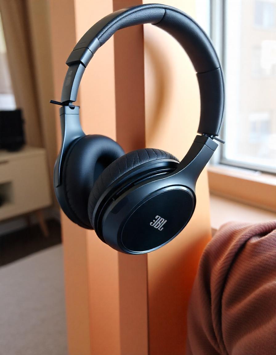 pair of black over-ear reasonable headphones with the JBL logo on one earcup. These headphones are hanging on a doorframe, suggesting they are wireless and portable.