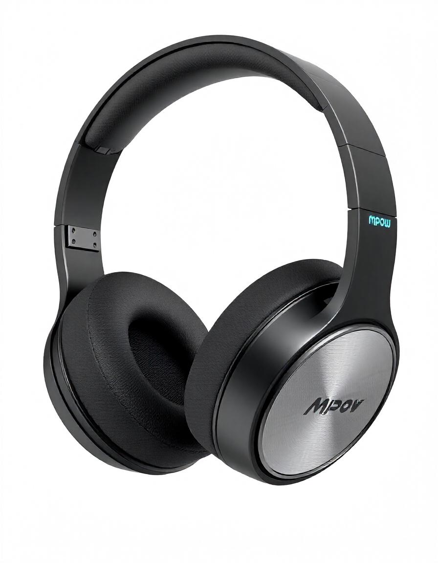 A pair of black over-ear headphones with the Mpow logo on each earcup. These headphones appear to be a budget-friendly option for high-quality audio.