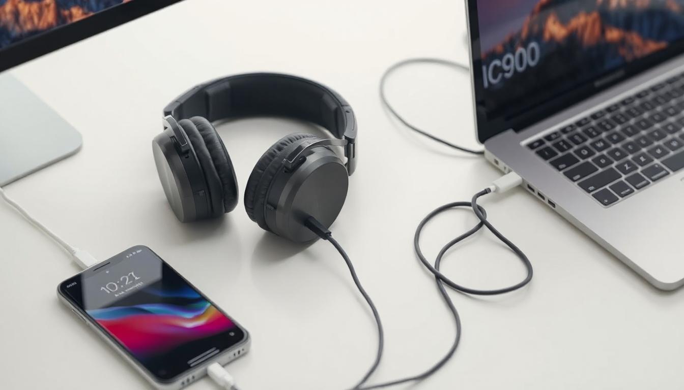 IC900 Sentry USB-C Folding Headphones connected to multiple devices, including a smartphone, tablet, and laptop, via the USB-C port.