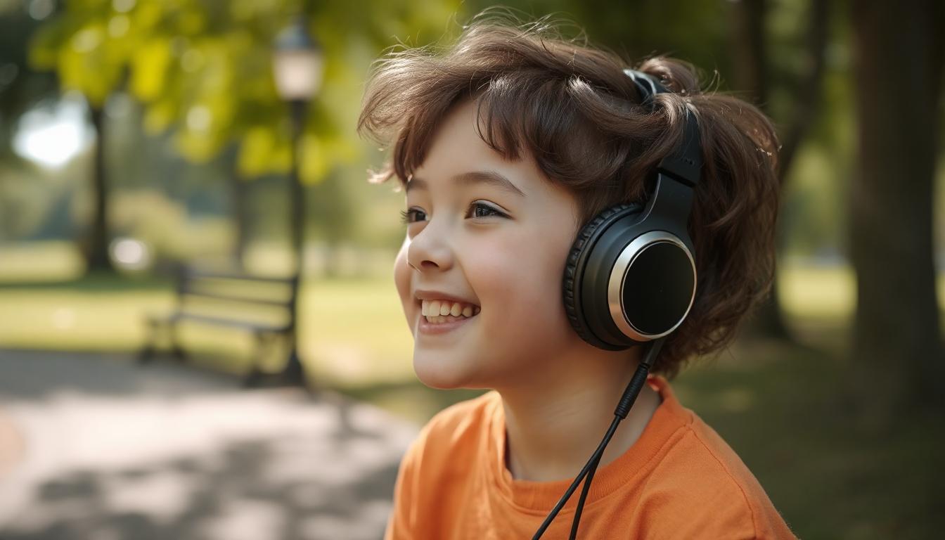 Person wearing IC900 Sentry USB-C Folding Headphones outdoors, enjoying music in a park setting, showing their lightweight and comfortable design.