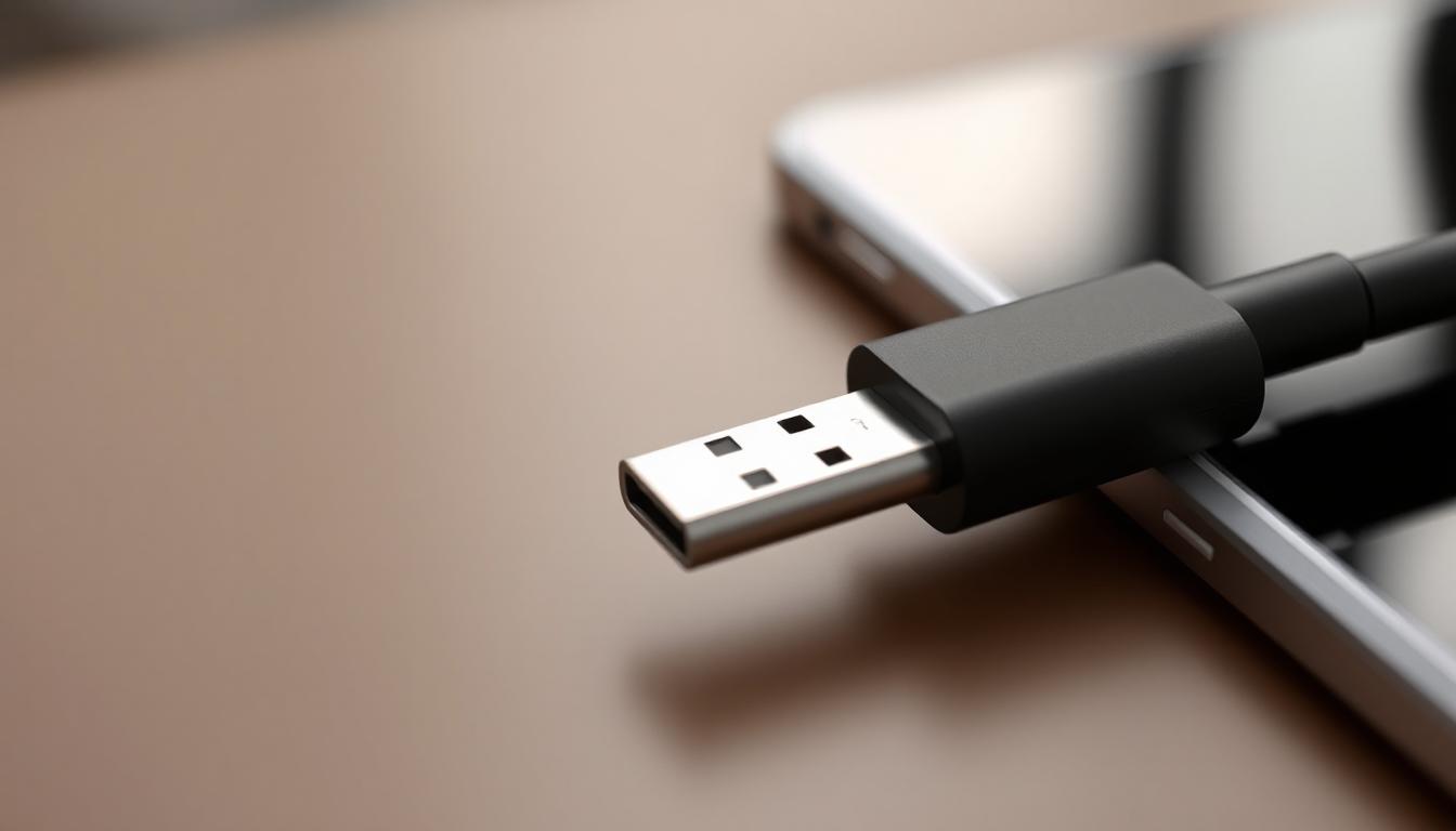 Close-up image of the USB-C plug of the IC900 Sentry USB-C Folding Headphones, highlighting its modern, fast connection for seamless audio.