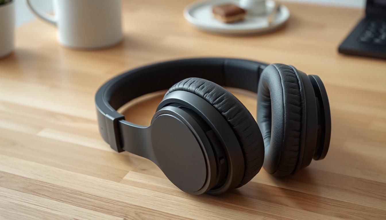 Compact view of the IC900 Sentry USB-C Folding Headphones folded neatly on a table, showcasing their portable and foldable design.