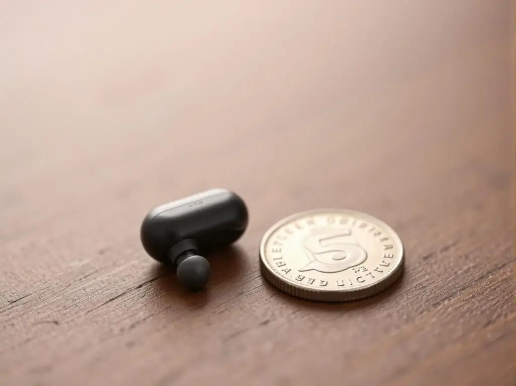 Friencity mini Bluetooth earbuds placed next to a coin, showing how small and compact they are.
