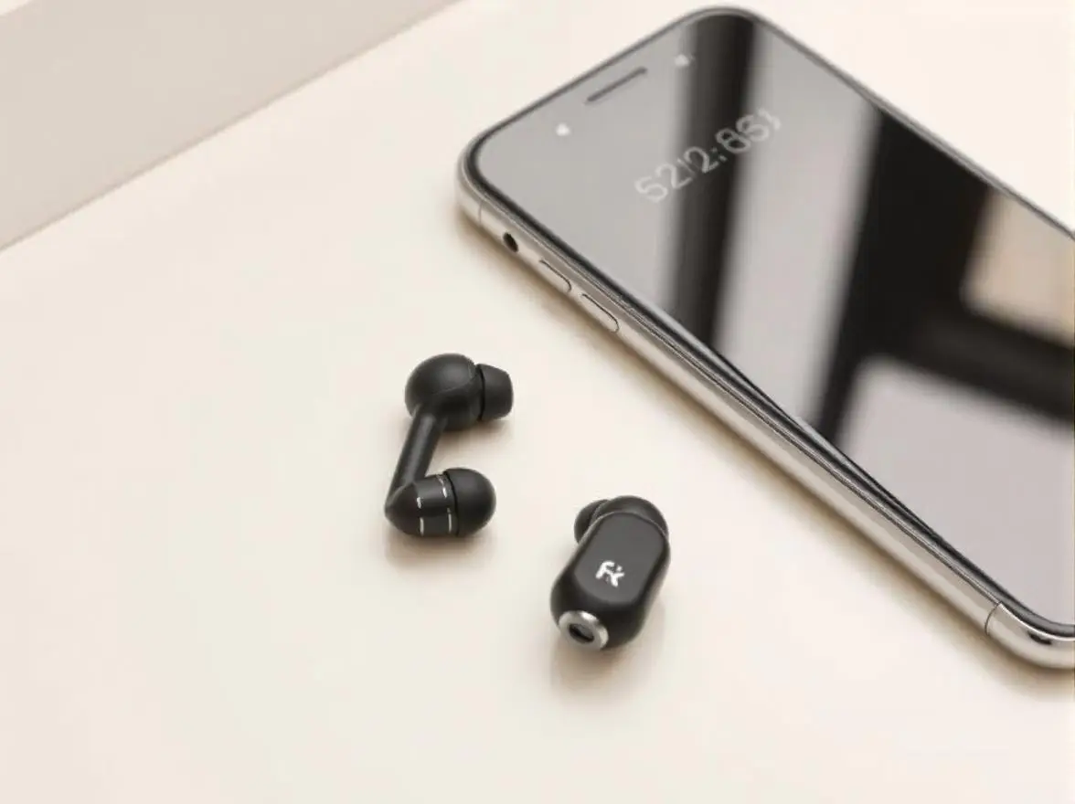 Friencity Bluetooth 5.0 earbuds with a built-in microphone placed next to a smartphone, emphasizing their use for phone calls.