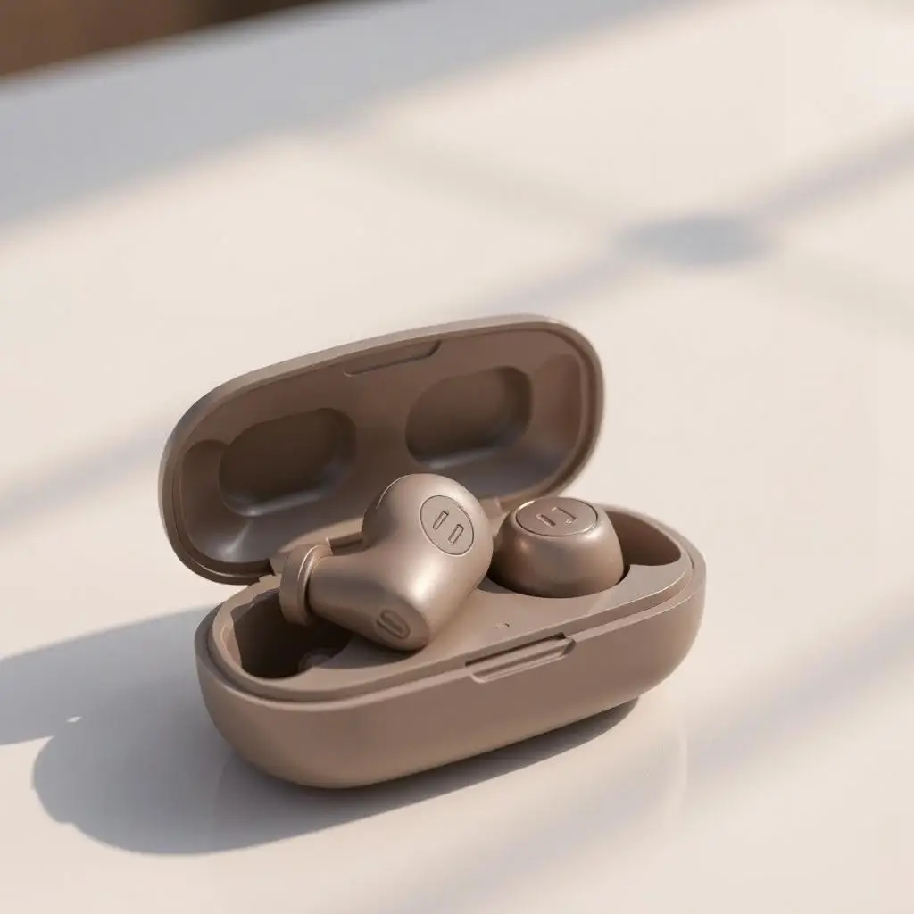 Friencity true wireless Bluetooth earbuds resting inside their charging case, showing their wireless design and portability.
