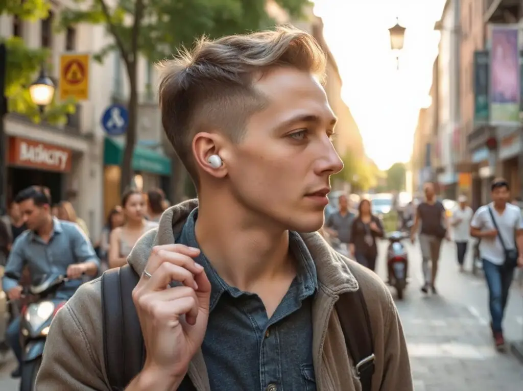 Someone wearing Friencity noise-canceling Bluetooth earbuds while walking down a busy street, showing their noise-blocking abilities.