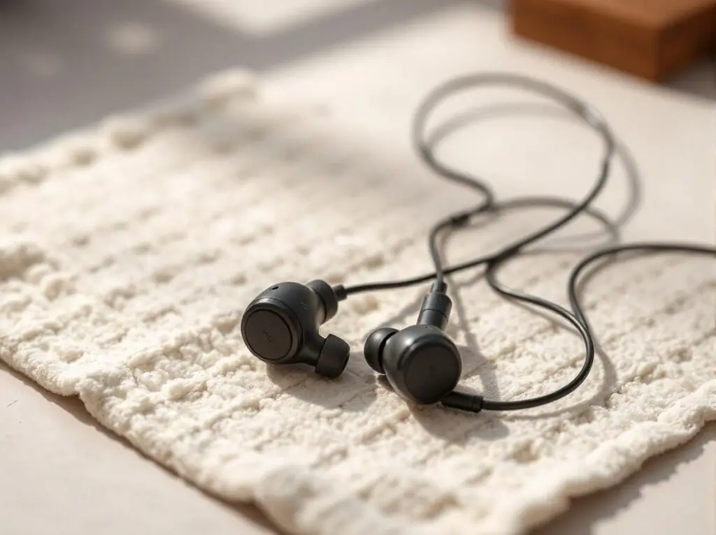 Friencity waterproof Bluetooth earbuds resting on a towel, highlighting their sweat and water-resistant design.
