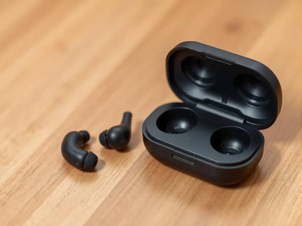 Friencity wireless Bluetooth earbuds next to their charging case, showing how compact and portable they are.