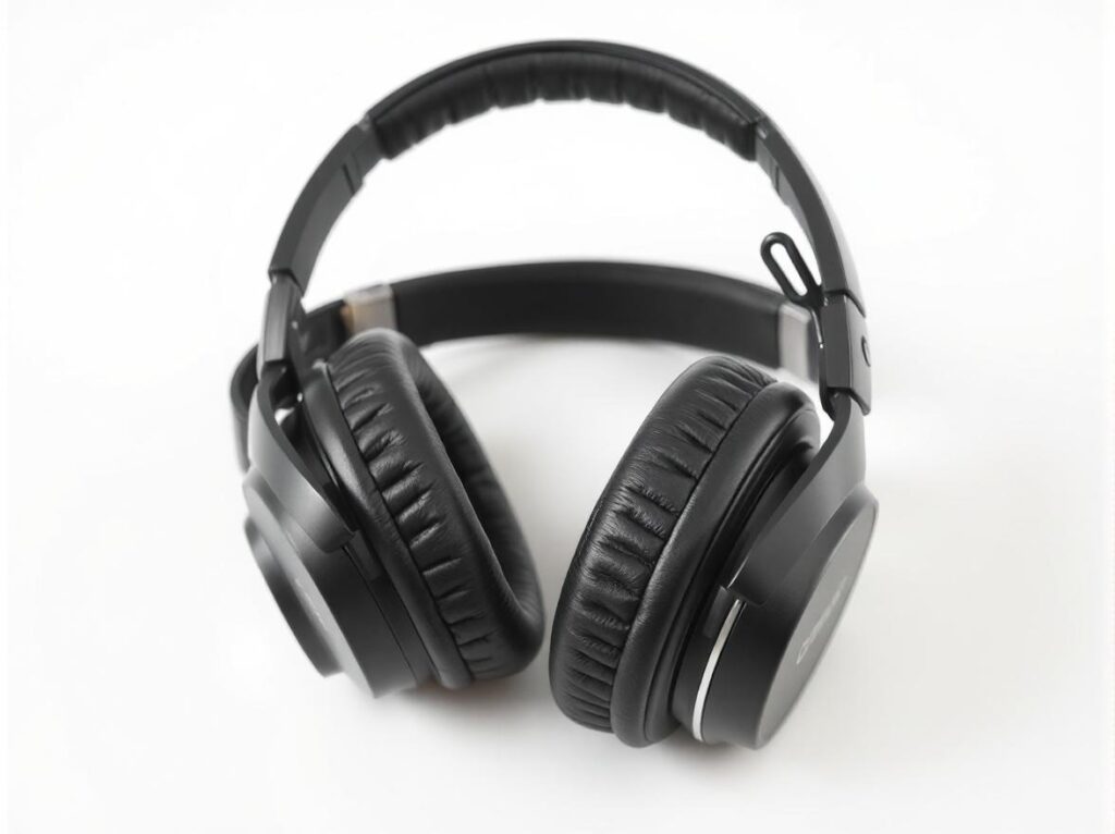 Shure SRH440 closed-back headphones with simple black ear cups and headband, displayed on a clean, white background. The headphones are positioned upright to showcase the ear pads and compact design, with neutral lighting for a straightforward, product-focused look.