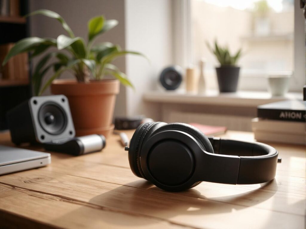 A pair of black Audio-Technica ATH-M50x closed-back headphones folded compactly on a wooden table in a cozy, home-studio setup.