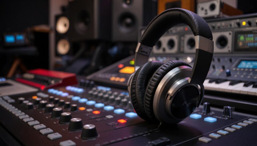 Beyerdynamic DT 770 Pro closed-back headphones with silver ear cups and black padding, placed on a professional mixing console in a studio setting. The headphones are slightly tilted, with ambient studio lighting creating a soft glow on the headphones and the surrounding audio equipment, emphasizing a professional music production environment